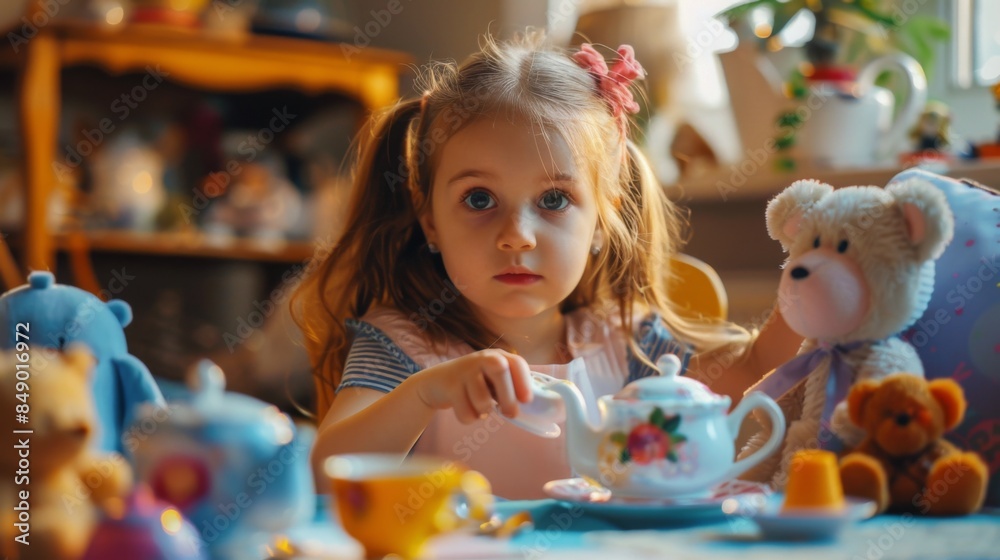 A girl playing with a toy tea set, hosting a pretend tea party with her stuffed animals as guests. A girl playing with a toy tea set, hosting a pretend tea party with her stuffed animals as guests.