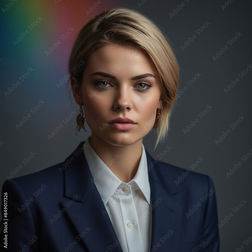 Elegant Businesswoman in Navy Suit with White Shirt and Rainbow Light Highlighting LGBTQ Pride Elegant Businesswoman in Navy Suit with White Shirt and Rainbow Light Highlighting LGBTQ Pride