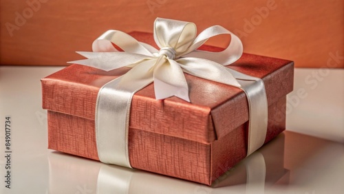 The photo shows a beautifully wrapped gift box. The box is covered in shiny red wrapping paper and tied with a white satin ribbon, forming a neat bow on top.