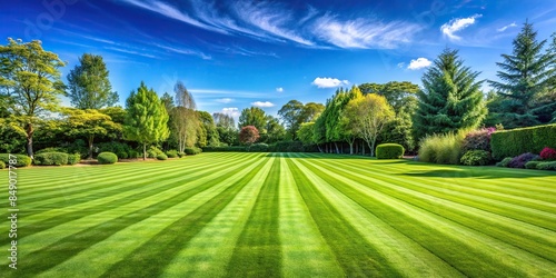Perfectly mowed wide lawn under a clear blue sky, mowed, lawn, grass, green, perfect, neat, well-kept, landscape, outdoors photo