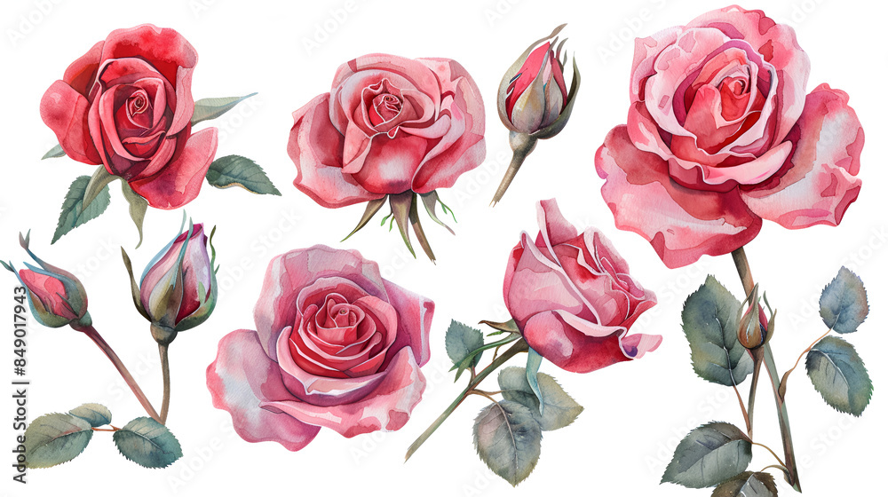 Set of rose watercolor elements , Set of roses and leaves, watercolor clipart, hand drawing, botanical illustration , Watercolor image of a set of rose flowers on a white background , Rose elements
Set of rose watercolor elements , Set of roses and leaves, watercolor clipart, hand drawing, botanical illustration , Watercolor image of a set of rose flowers on a white background , Rose elements