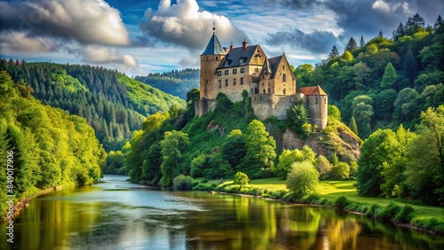 Castle perched on the edge of a scenic river with lush greenery , castle, river, water, architecture, medieval