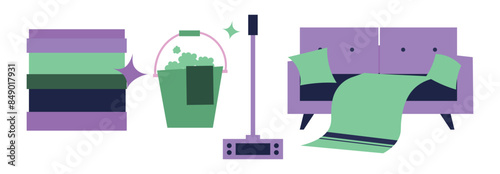 Vector trendy doodle cleaning icon set, clip art. sofa, towels, mop, bucket. Vector collection of household cleaning, washing and disinfection equipment hand-drawn in doodle style