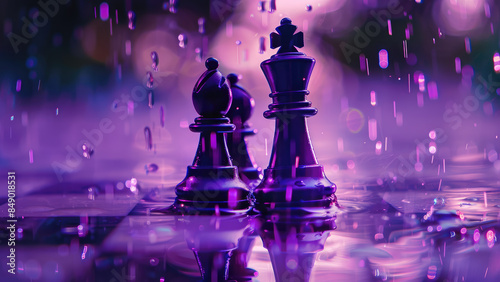 Neon-glowing chess pieces on reflective board 