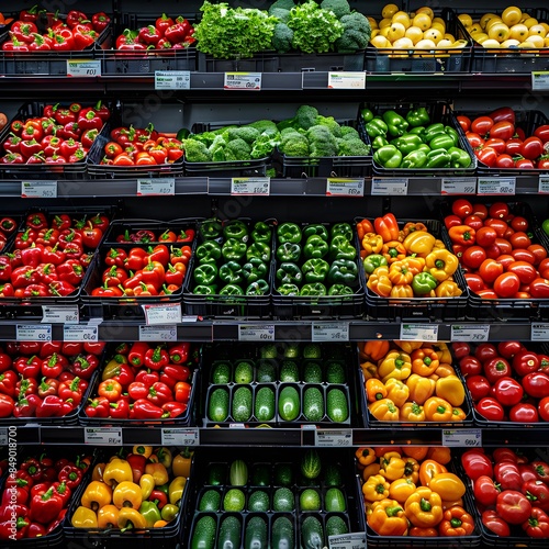 Shelves with colorful peppers, tomatoes and green vegetables in the grocery store