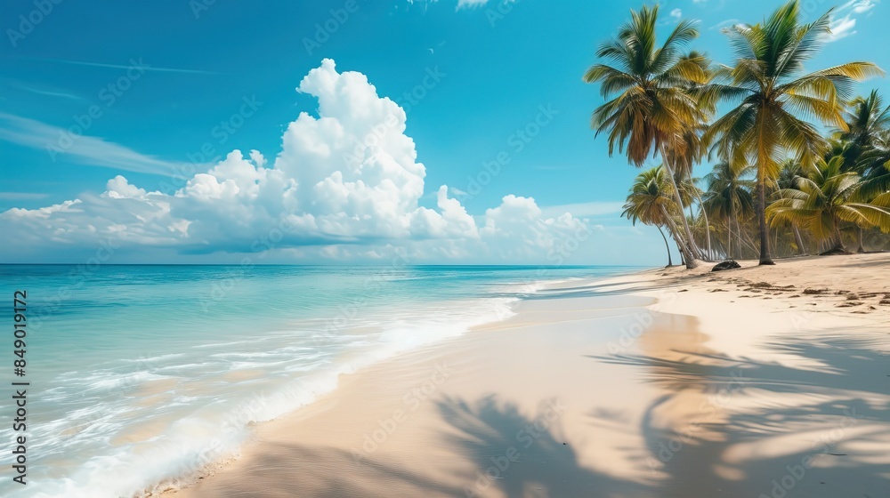 A serene tropical beach with clear blue water, white sand, and tall palm trees under a bright blue sky with fluffy clouds. A serene tropical beach with clear blue water, white sand, and tall palm trees under a bright blue sky with fluffy clouds.