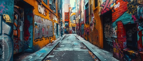 Graffiticovered alleyway with colorful murals and street art, atmospheric shot rich in urban details and textures © Starkreal