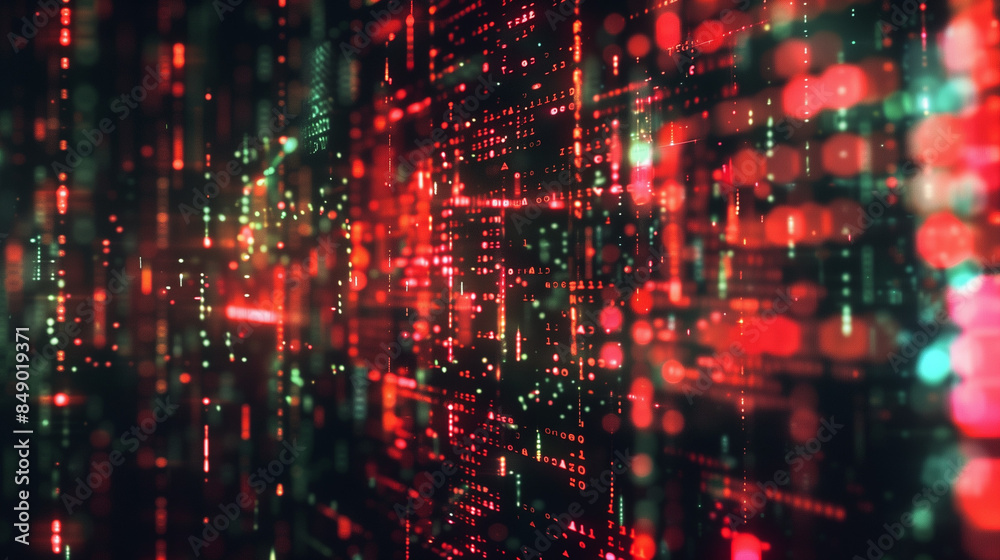 Obraz premium Abstract Digital Background with Binary Code and AI Algorithms in Motion, Depicting Advanced Technology and Data Processing Concepts
