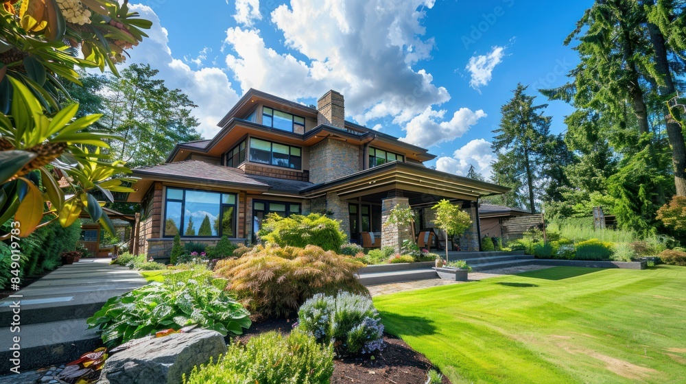 Luxury house with beautiful landscaping on a sunny day. Home exterior Luxury house with beautiful landscaping on a sunny day. Home exterior