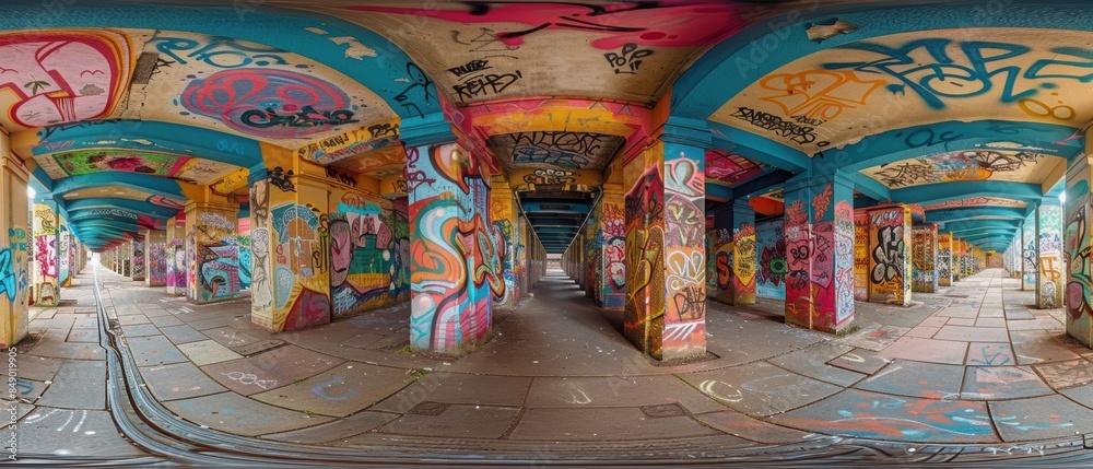 Naklejka premium Graffiticovered underpass with intricate designs and bold colors, urban scene rich in detail and artistic expression