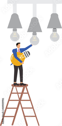 Change to new strategy to transform into a more profitable business, improve concept or new innovations to a new method, businessman replace old light bulb idea to new one concept