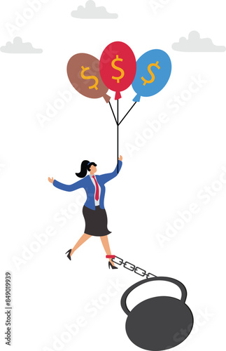 Tax burden, business budget barriers, taxation problem for wealth accumulation, businesswoman fails to fly using a green balloon with a dollar symbol because of the weight ball attached to his feet