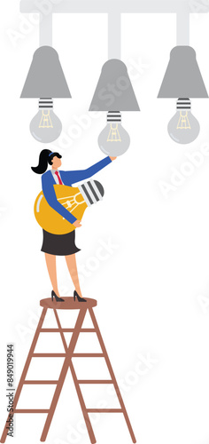 Change to new strategy to transform into a more profitable business, improve concept or new innovations to a new method, businesswoman replace old light bulb idea to new one concept