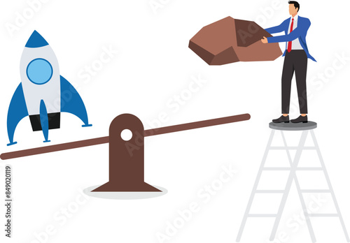 Take high risks to get business success, investor risk appetite in securities and investment asset to get high reward, businessman drop weights onto a seesaw to launch a startup business rocket