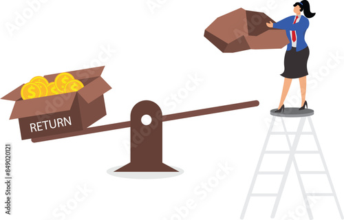 Higher risk startup to successful business illustration, investor risk appetite in and investment asset to get high reward, businesswoman drop weights onto the seesaw to increase the amount of return