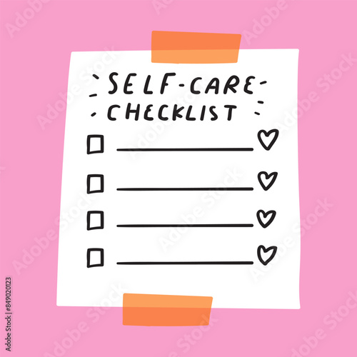 Self -care checklist. Paper note. Hand drawn illustration on pink background.