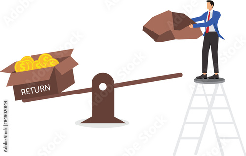 Higher risk startup to successful business illustration, investor risk appetite in and investment asset to get high reward, businessman drop weights onto the seesaw to increase the amount of return