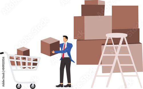 Raw materials inventory shopping, Inventory Management With Goods Demand And Stock Supply Planning, Businessman put raw materials in shopping cart as supplies for production needs