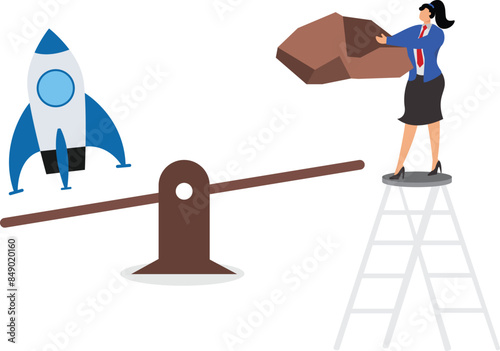 Take high risks to get business success, investor risk appetite in securities and investment asset to get high reward, businesswoman drop weights onto a seesaw to launch a startup business rocket