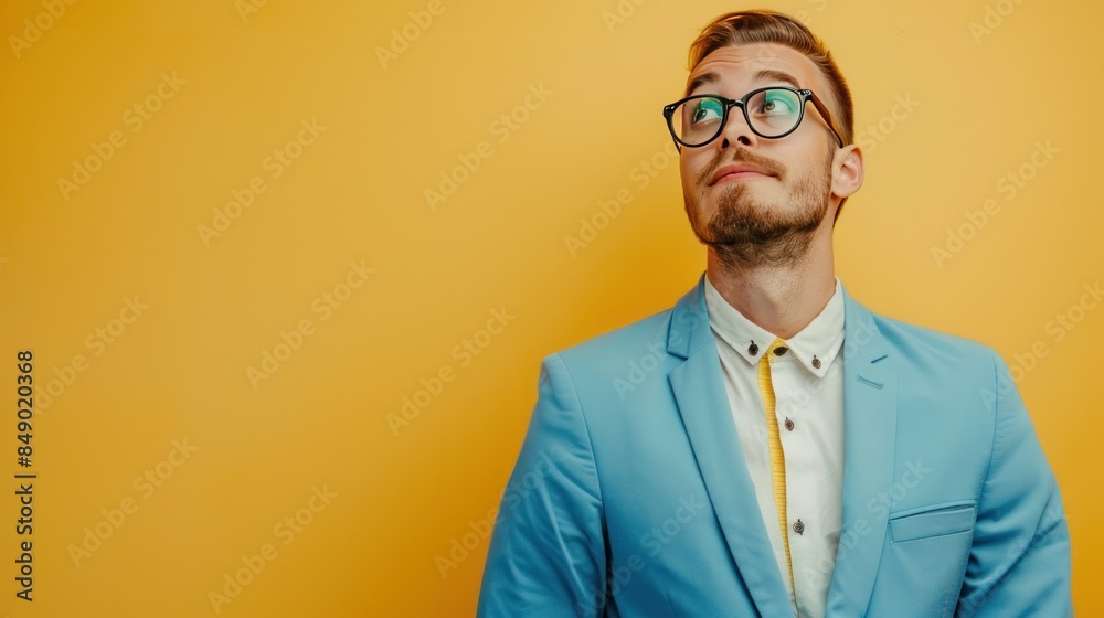 Man in modern outfit with hipster glasses and blue suit, creative animal billboard, pastel yellow background with copyright space. Man in modern outfit with hipster glasses and blue suit, creative animal billboard, pastel yellow background with copyright space.