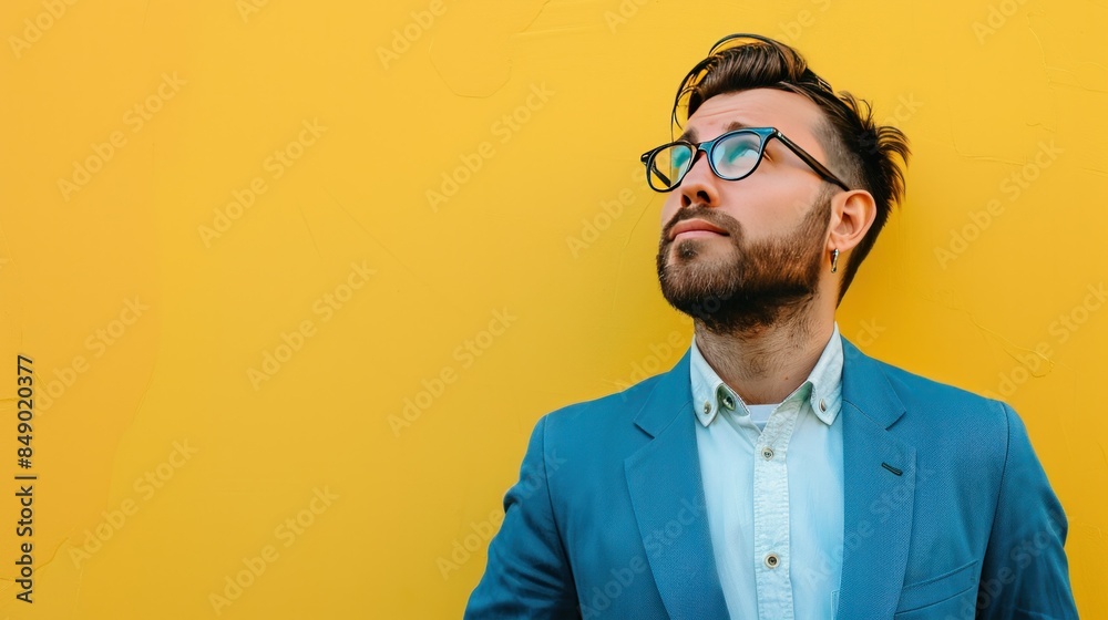 Man in modern outfit with hipster glasses and blue suit, creative animal billboard, pastel yellow background with copyright space. Man in modern outfit with hipster glasses and blue suit, creative animal billboard, pastel yellow background with copyright space.