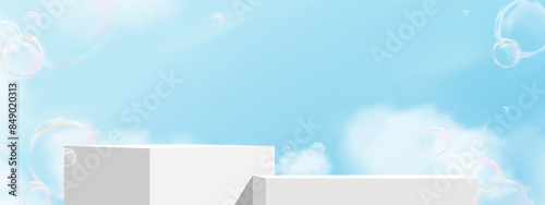 Sky Blue,Cloud Background,White Podium Platform with 3d rainbow bubbles,Vector Minimal Display with soap foam balls or Shampoo for Summer,Spring Product Presentation,Web Banner Design