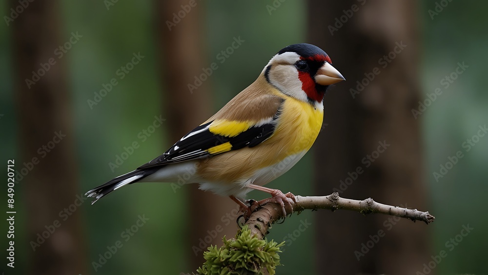 An American Goldfinch perched in a tree with a green background. An American Goldfinch perched in a tree with a green background.