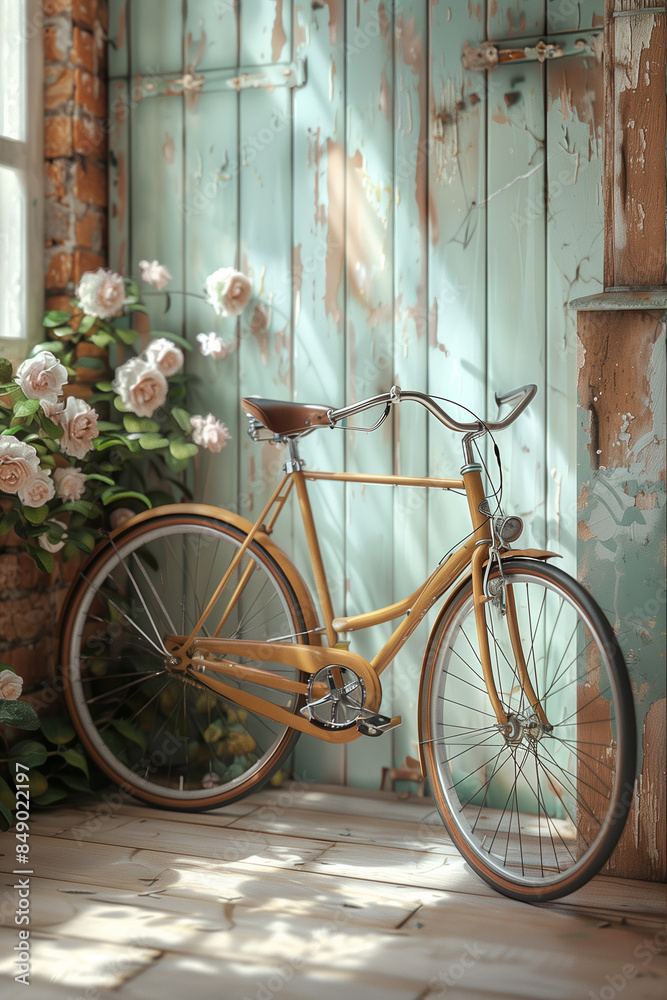 Old-fashioned bicycle leaning against a rustic wall, 3d render Old-fashioned bicycle leaning against a rustic wall, 3d render