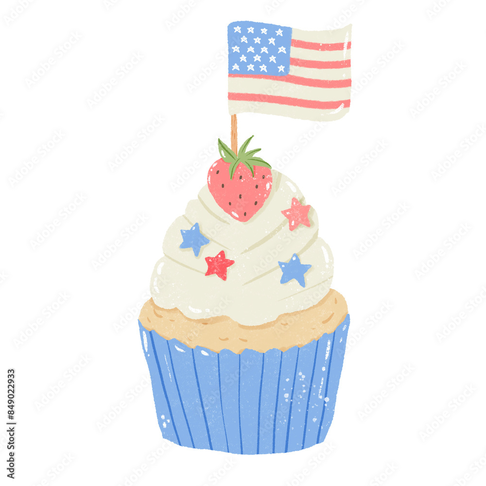American flag Cupcake Strawberry Hand drawn Illustration Colored Pencil Crayon Style Independence Day 4th of July American Food isolated clip art elements for holiday decoration and celebration design American flag Cupcake Strawberry Hand drawn Illustration Colored Pencil Crayon Style Independence Day 4th of July American Food isolated clip art elements for holiday decoration and celebration design