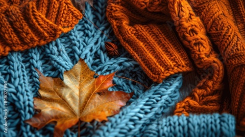 Cozy retro style sweaters with autumn leaves orange and blue colors hygge vibe autumn season