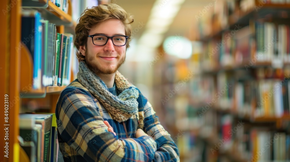 Smiling young man student in college library Smiling young man student in college library