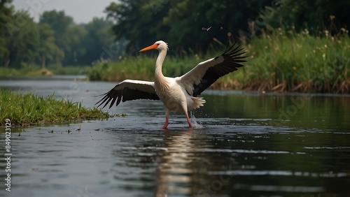 Stork portrait while eating a cricket on swamp water background © Karla