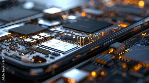 A close up of a computer chip with a lot of orange lights photo