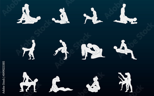 Set of white silhouettes of sex positions. Isolated vector on blue background