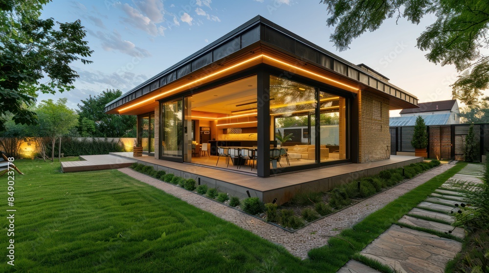 Beautiful modern farmhouse style luxury home exterior at twilight. Beautiful modern farmhouse style luxury home exterior at twilight.