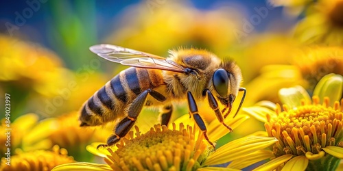 Close up of a large striped bee collecting honey on a yellow flower on a sunny day, Bee, flower, honey, macro, bright