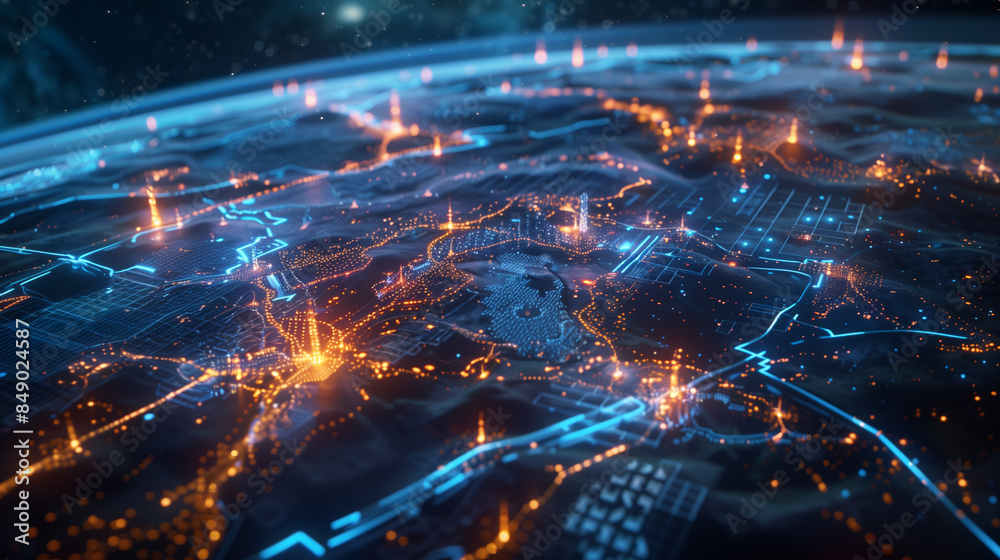 Connecting Multiple Cities on a Virtual Map with Blue Tech Feel, Featuring Technology Lines and Light Effects for a Futuristic Digital Network Concept Connecting Multiple Cities on a Virtual Map with Blue Tech Feel, Featuring Technology Lines and Light Effects for a Futuristic Digital Network Concept