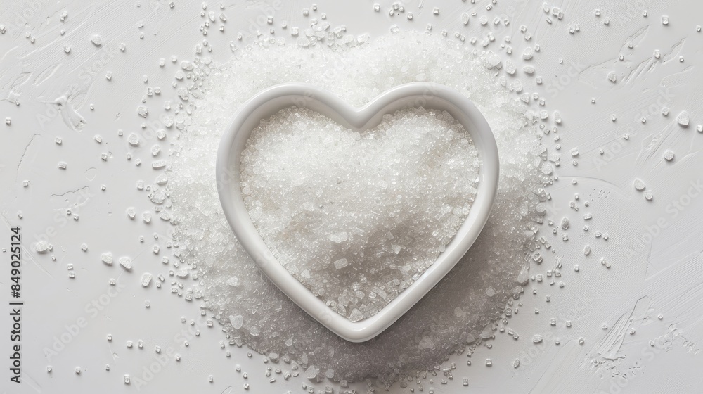 Heart shaped bowl with sugar on white backdrop Heart shaped bowl with sugar on white backdrop