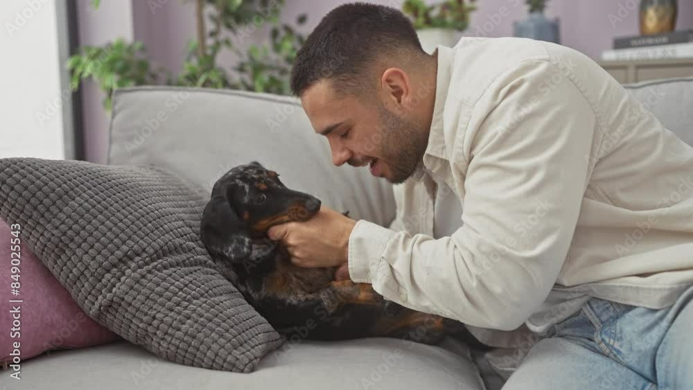 A young hispanic man affectionately interacts with a dachshund on a couch in a cozy apartment living room. A young hispanic man affectionately interacts with a dachshund on a couch in a cozy apartment living room.