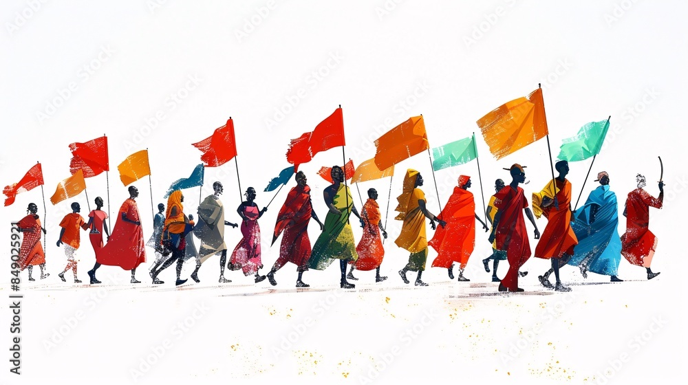3D cartoon artwork of a parade celebrating International Day for the Remembrance of the Slave Trade and its Abolition with banners and flags, white background 3D cartoon artwork of a parade celebrating International Day for the Remembrance of the Slave Trade and its Abolition with banners and flags, white background