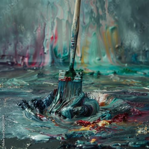 paintbrush submerged in a pool of thick, congealed paint, the colors blending together in a grotesque swirl. The stagnant air hangs heavy with the smell of chemicals.  photo