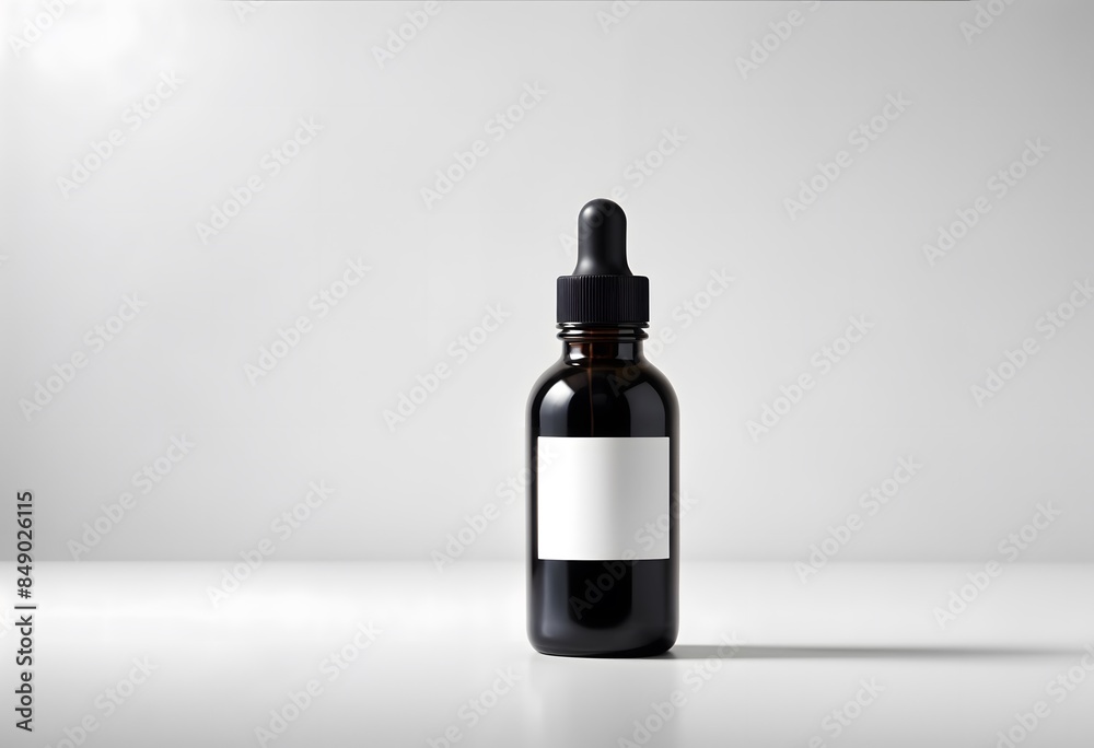 Black glass serum bottle with a minimalist white label mockup on a white background Black glass serum bottle with a minimalist white label mockup on a white background