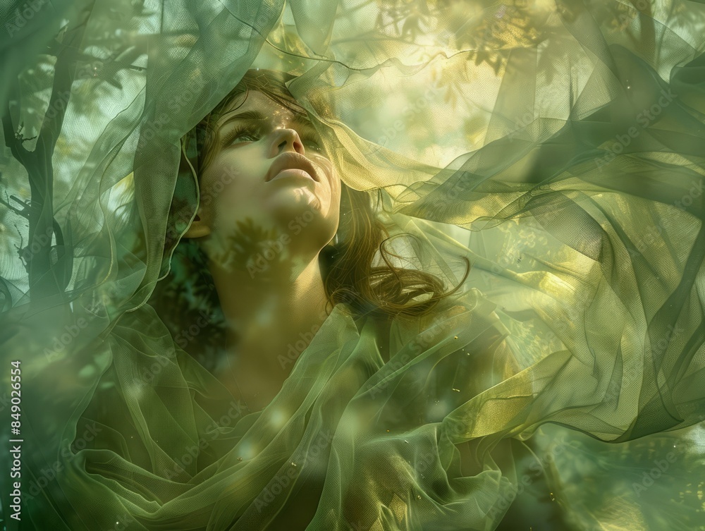 beautiful woman draped in diaphanous fabric, her figure bathed in the ethereal glow of moonlight filtering through a canopy of trees. Her tousled hair cascades over her shoulders as she gazes upwards, beautiful woman draped in diaphanous fabric, her figure bathed in the ethereal glow of moonlight filtering through a canopy of trees. Her tousled hair cascades over her shoulders as she gazes upwards,