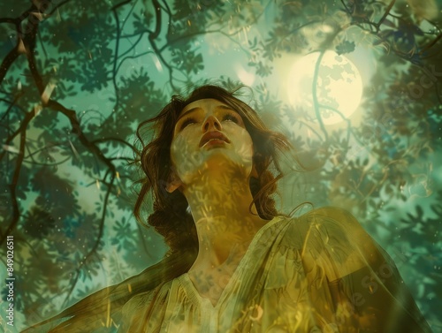 beautiful woman draped in diaphanous fabric, her figure bathed in the ethereal glow of moonlight filtering through a canopy of trees. Her tousled hair cascades over her shoulders as she gazes upwards, photo