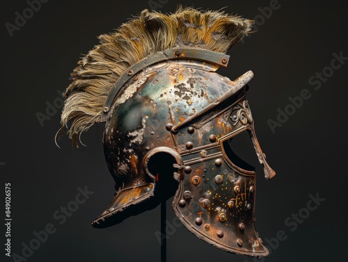 A meticulously preserved Roman legionary helmet recovered from a Punic Wars battlefield, showcasing intricate details and battle scars. The patina of age lends an air of authenticity to the artifact,  photo