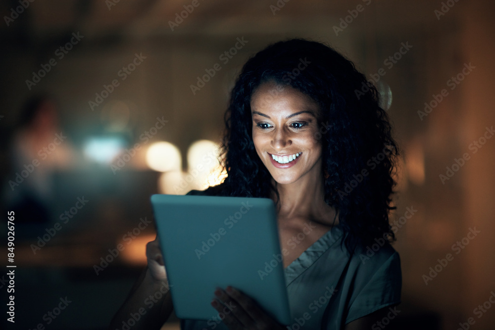 Employee, night and woman with tablet, smile and internet with connection, social media and research. African person, journalist or consultant with tech, evening and scrolling for message or joy