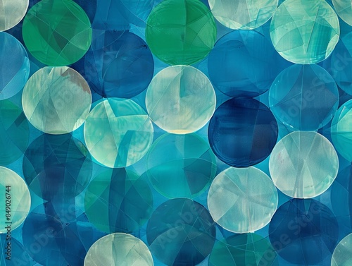 series of interconnected circles arranged in a geometric pattern reminiscent of a fluorine molecule. The circles, rendered in shades of blue and green, intersect and overlap to create a mesmerizing photo