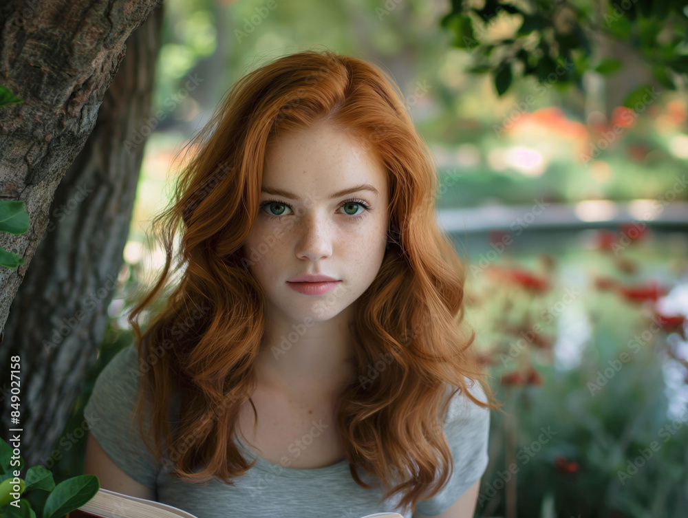 Naklejka premium Red-haired girl with green eyes reading a book in a garden, looking directly at the camera, with blurred flowers and greenery in the background.