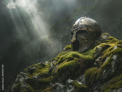 weathered Viking helmet resting on a moss-covered rock, with a single ray of sunlight piercing through the clouds, symbolizing the enduring spirit of Norse mythology.