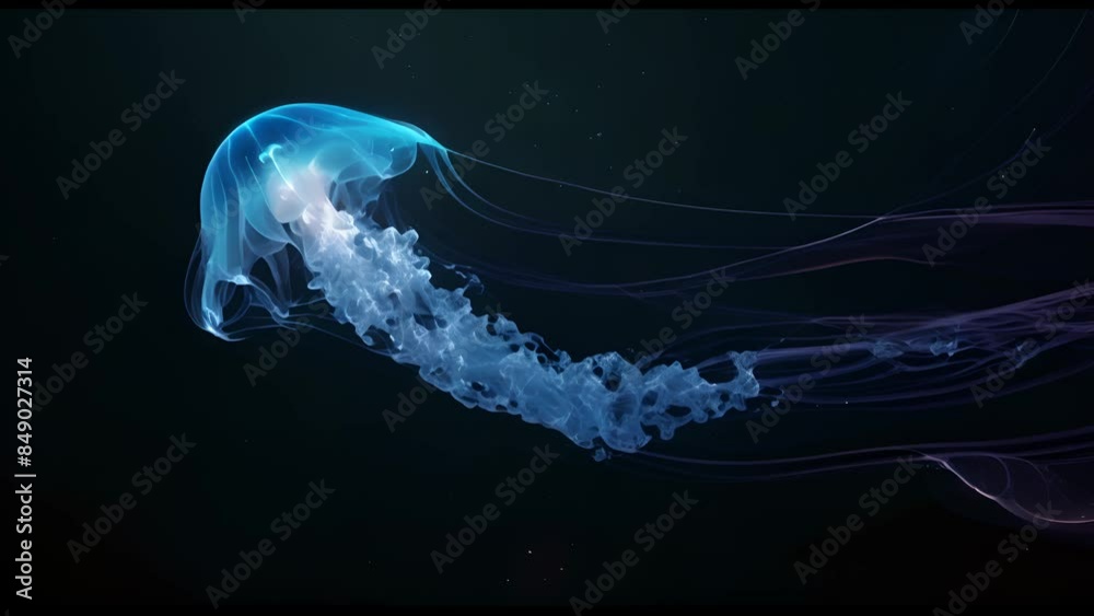 A blue jellyfish with a long tail is swimming in the ocean. The image has a calm and serene mood, as the jellyfish is moving gracefully through the water